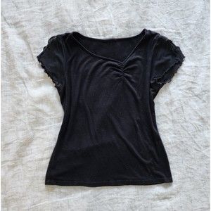 y2k black asymmetric mesh flutter sleeve top! medium-large